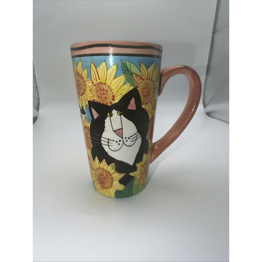 Vintage Candace Reiter Catzilia Tall Coffee Mug Sunflowers Cute Silly Cats